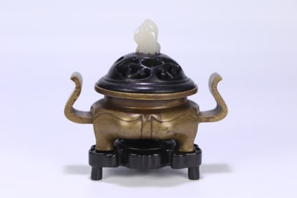 XUANDE MARK WHITE JADE WITH ZITAN WOOD COPPER CENSER