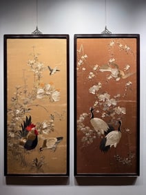 A PAIR FLOWER BIRD PATTERN EMBROIDERY