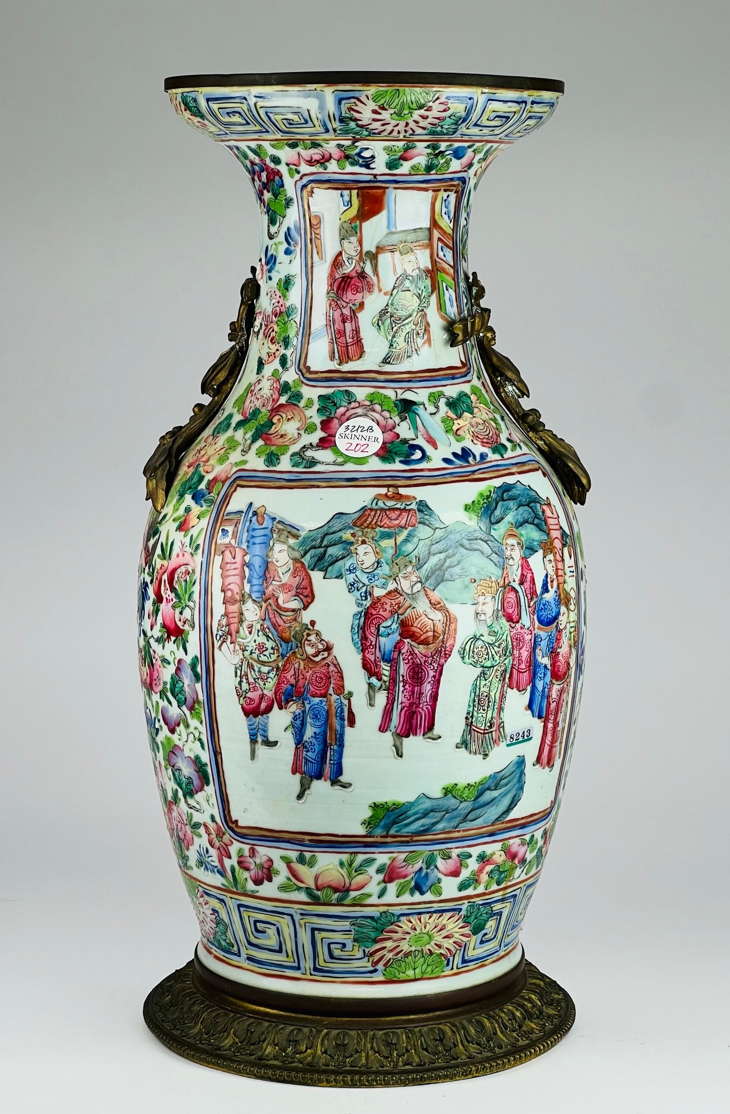 Qing (19th C) Famille-Rose Figural Vase with Metal Rim: A famille-rose vase with figural narrative decoration, Qing dynasty, 19th century, sturdily potted with a thick body, decorated in bright enamel colors with finely painted scenes. The mouth is mounted