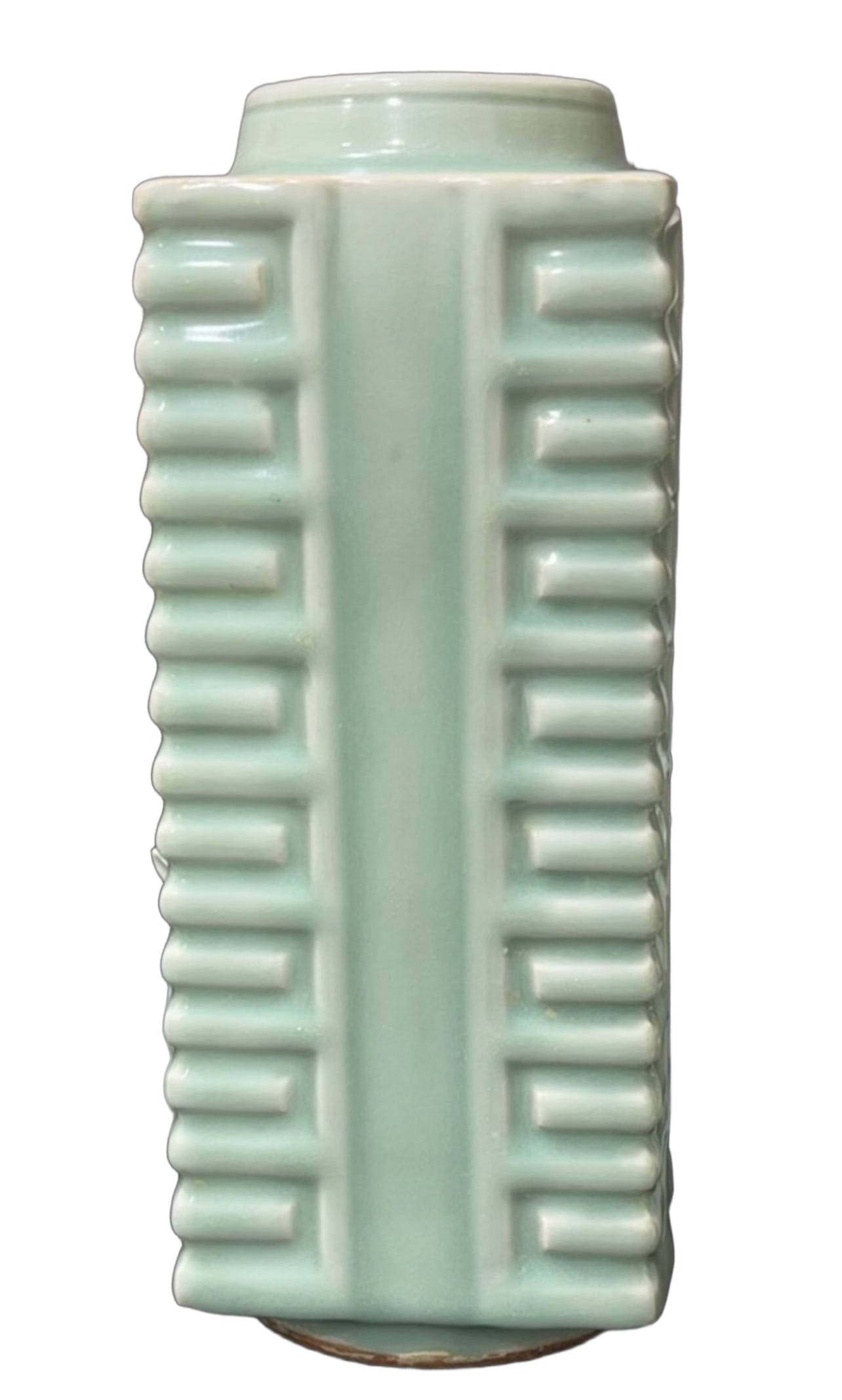 S. Song 13th C Longquan Celadon Cong Vase: Southern Song (13th Century) Longquan Celadon Cong Vase.Finely potted in imitation of an archaic jade cong form, this vase features a cylindrical body with raised horizontal and vertical ridges. The g