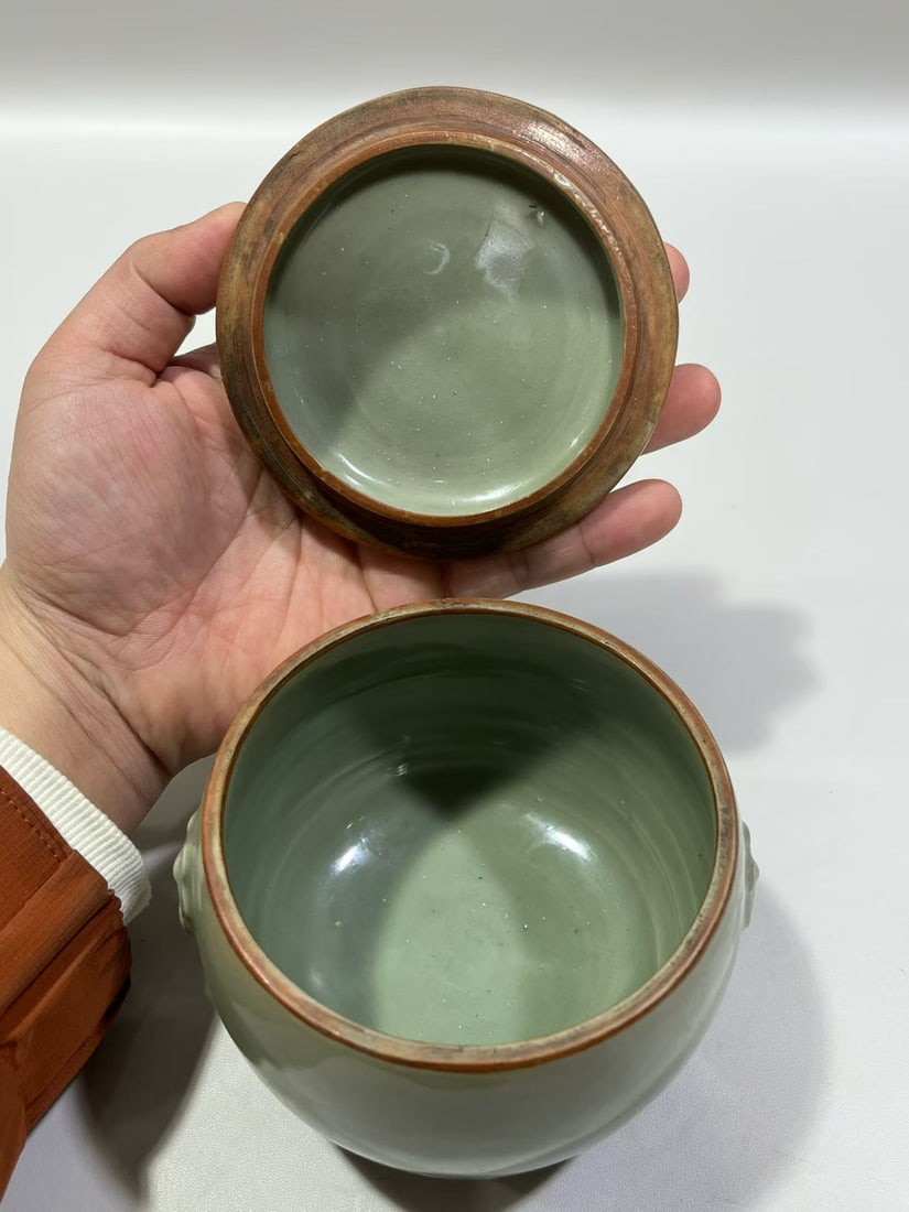 Ming 14th C Longquan Celadon Ring-Handled Jar - 4