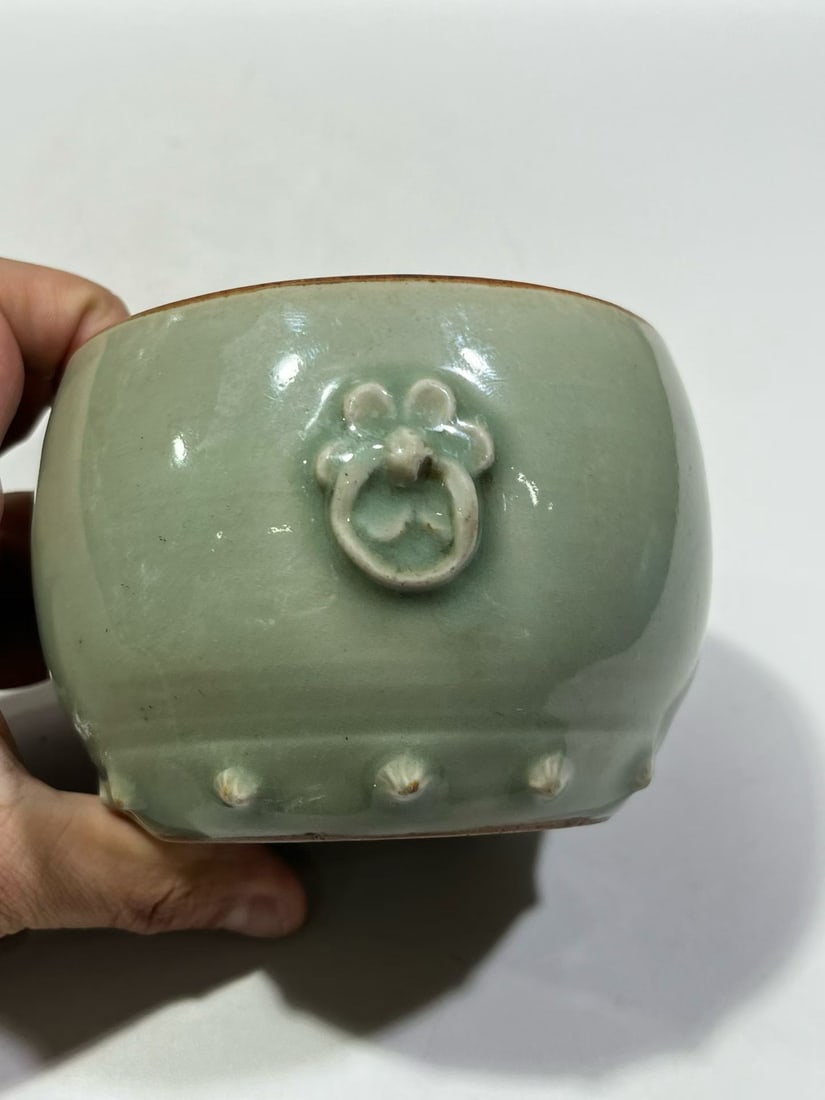 Ming 14th C Longquan Celadon Ring-Handled Jar - 5