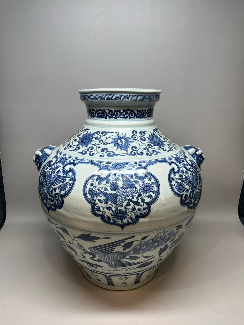 Yuan 13th C Blue & White Floral Jar w/ Animal Handles (1 of 17)