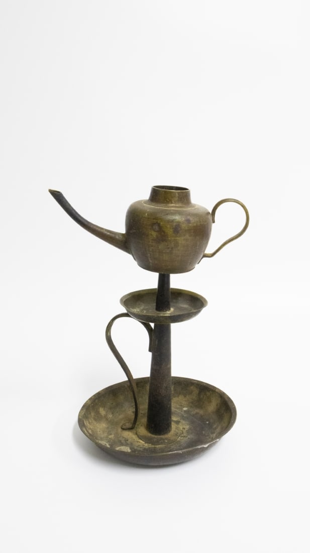 Qing Dynasty Bronze Oil Lamp in Ewer Form: Base Diameter: 16 cm / Mouth Diameter: 3.5 cm / Height: 27 cm
