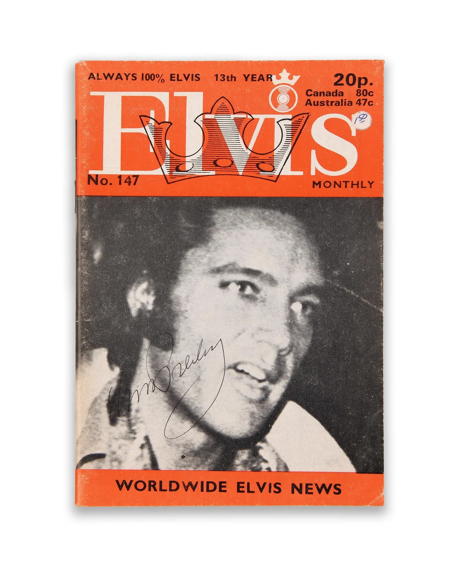 Elvis Presley (1935-1977), Signed Elvis Monthly Magazine, No. 147: ELVIS PRESLEY (1935-1977), SIGNED ELVIS MONTHLY MAGAZINE, NO. 147 Provenance and Authenticity: This issue of Elvis Monthly, No. 147, bears a handwritten signature consistent with Elvis Presley on the