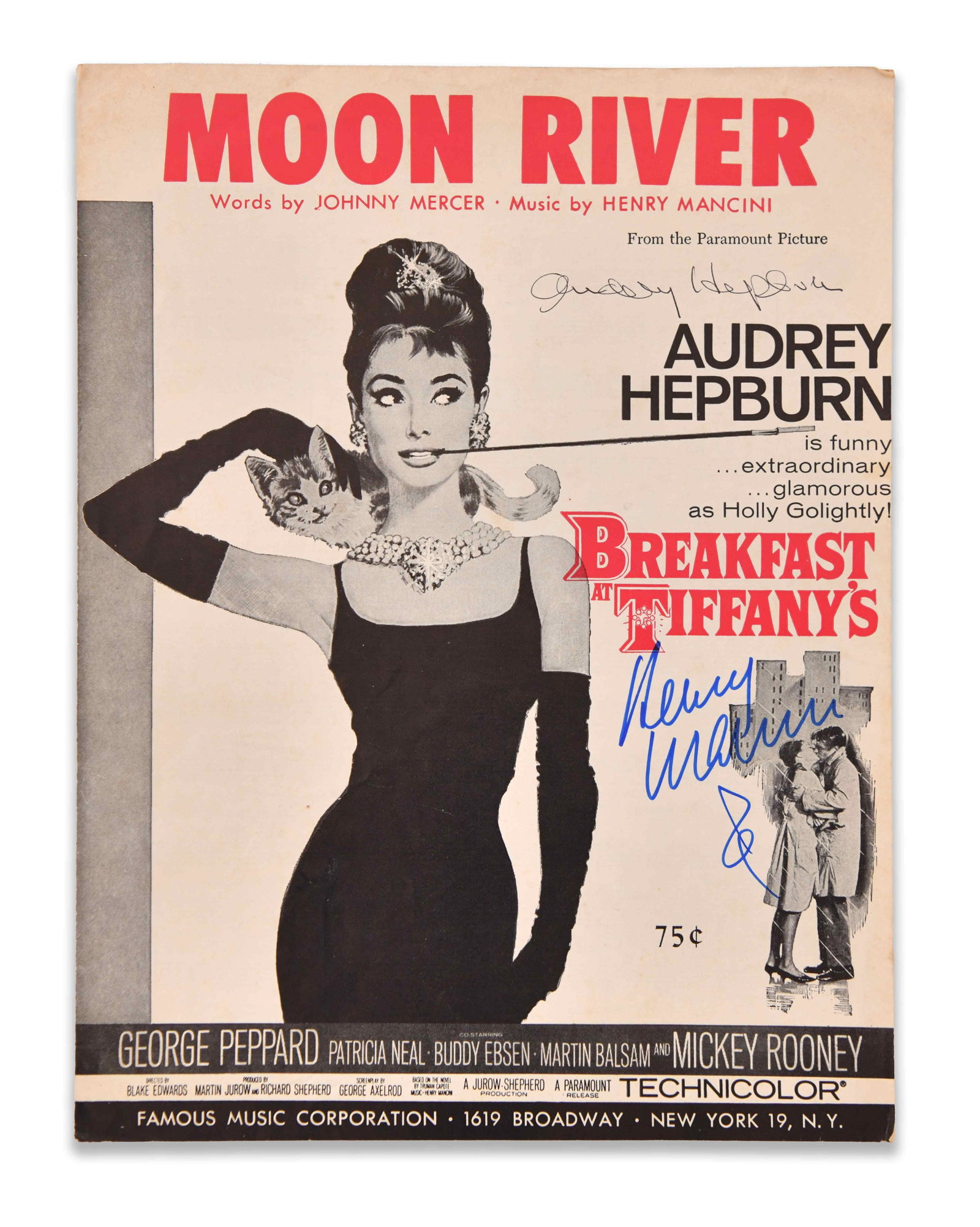 Audrey Hepburn, Henry Mancini and Johnny Mercer - Signed Moon River Sheet Music: AUDREY HEPBURN, HENRY MANCINI AND JOHNNY MERCER - SIGNED MOON RIVER SHEET MUSIC Provenance and Authenticity: Audrey Hepburn, Henry Mancini and Johnny Mercer - Signed Moon River Sheet Music is