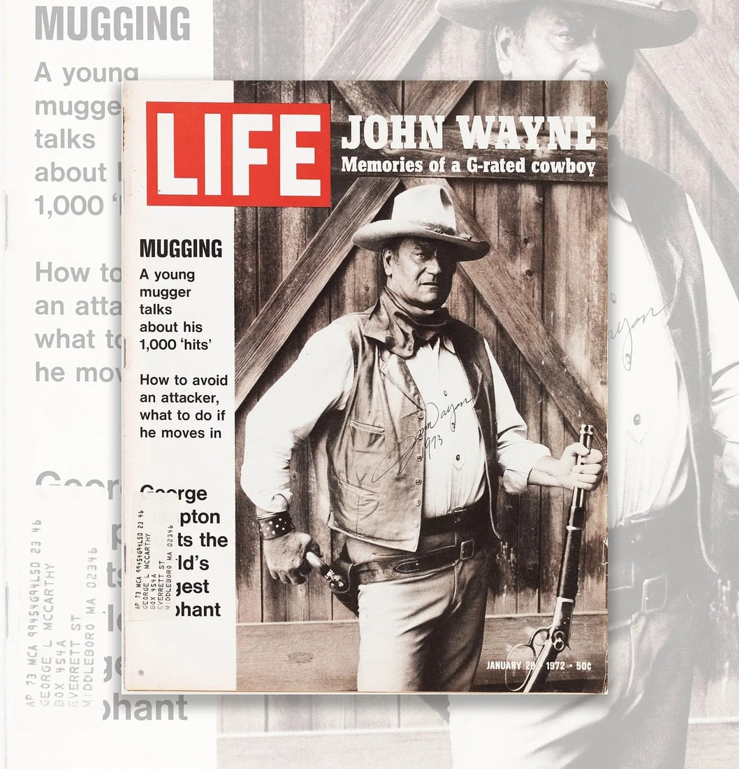 John Wayne signed and wrote 1973 in the January 1972 issue of LIFE magazine: JOHN WAYNE SIGNED AND WROTE 1973 IN THE JANUARY 1972 ISSUE OF LIFE MAGAZINE Provenance and Authenticity: The autograph displays the broad, confident line and slightly slanted, open letterforms
