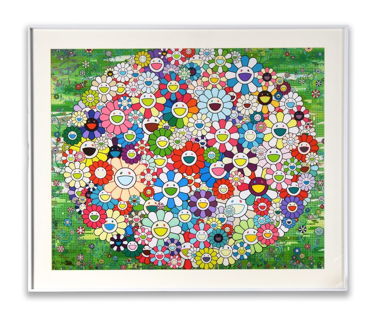 Takashi Murakami, Flowers (Multicolor Field on Green Ground): TAKASHI MURAKAMI, FLOWERS (MULTICOLOR FIELD ON GREEN GROUND) Dimensions: Outer frame size:70 x 70 cm. All measured values are approximate. Provenance and Authenticity: This work is a contemporary