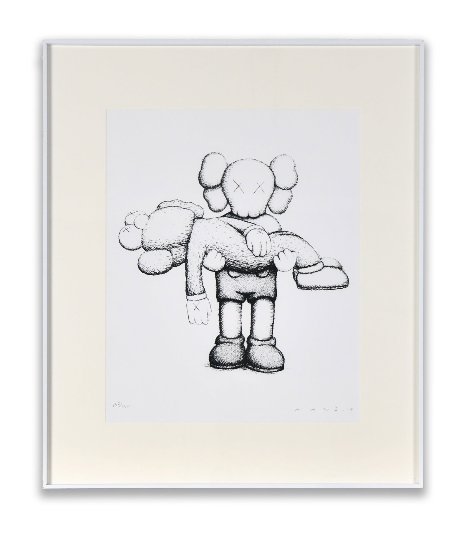 KAWS, Companion Carrying Figure (Black & White): KAWS, COMPANION CARRYING FIGURE (BLACK & WHITE) Dimensions: Outer frame size:70 x 50 cm. All measured values are approximate. Provenance and Authenticity: This work is a contemporary print after