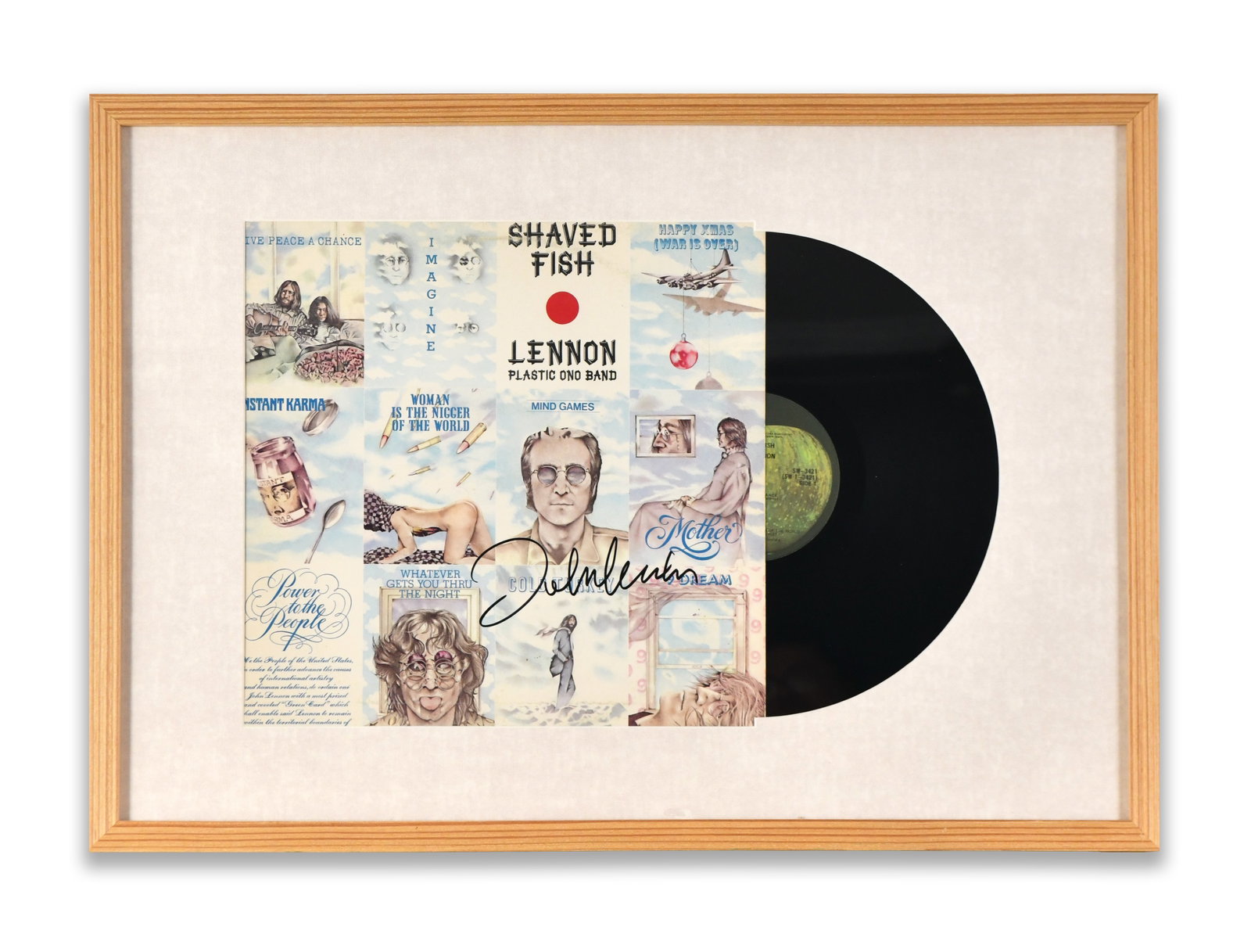 JOHN LENNON - Signed Shaved Fish Album Display: JOHN LENNON - SIGNED SHAVED FISH ALBUM DISPLAY Provenance and Authenticity: This framed presentation features the compilation album Shaved Fish signed by John Lennon across the lower portion of the