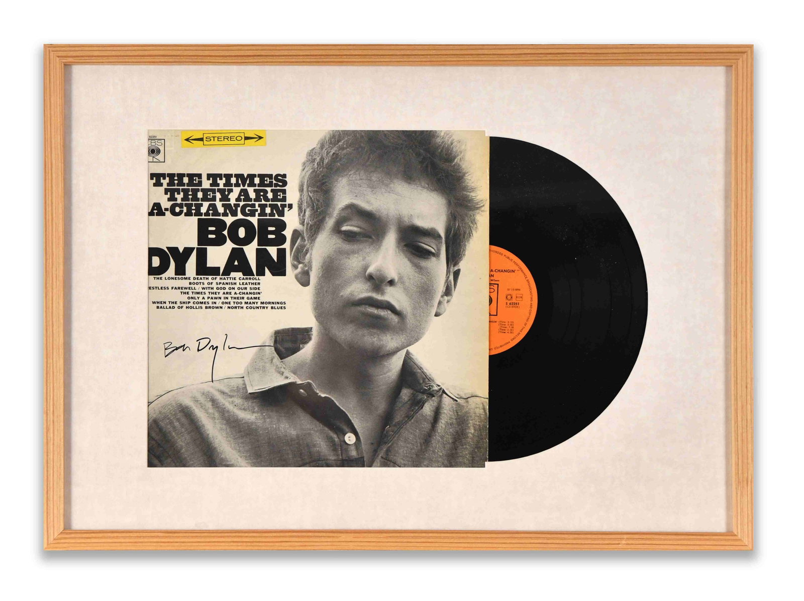 BOB DYLAN - Signed The Times They Are A-Changin' (Columbia Records) LP Display: BOB DYLAN - SIGNED THE TIMES THEY ARE A-CHANGIN' (COLUMBIA RECORDS) LP DISPLAY Provenance and Authenticity: This framed LP presentation features The Times They Are A-Changin', signed on the front