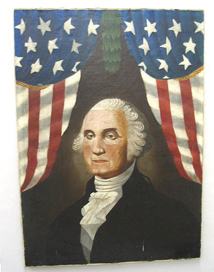 OIL ON CANVAS PORTRAIT OF GEORGE WASHINGTON. Folk: OIL ON CANVAS PORTRAIT OF GEORGE WASHINGTON. Folk art rendition of Gilbert Stuart's portrait with wonderful stylization and draped flags painted in bold colors that flank a laurel leaf garland. Revarn