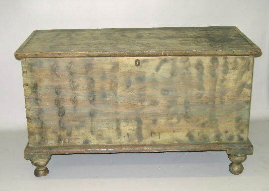 DECORATED BLANKET CHEST. Attributed to Pennsylvani: DECORATED BLANKET CHEST. Attributed to Pennsylvania. Poplar with original smoke graining. Dovetailed, applied molding to lid, lidded till and turned feet. Some paint loss and touch ups. 41"w. 20"d. 24