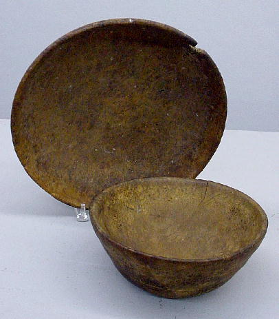 TWO BURL BOWLS. Both have worn surfaces with good