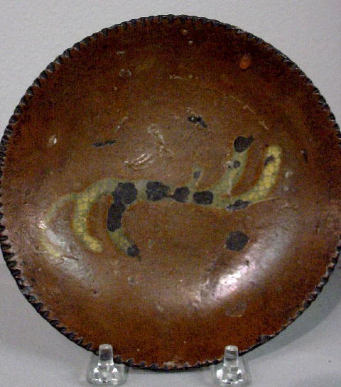 MINIATURE REDWARE PIE PLATE. Coggled rim with wavy