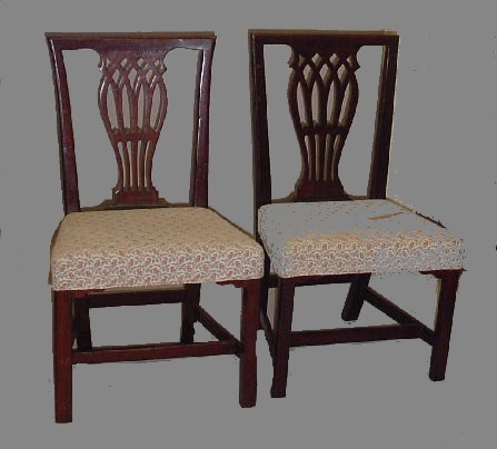 TWO SIMILAR ENGLISH CHIPPENDALE SIDE CHAIRS. Mahog