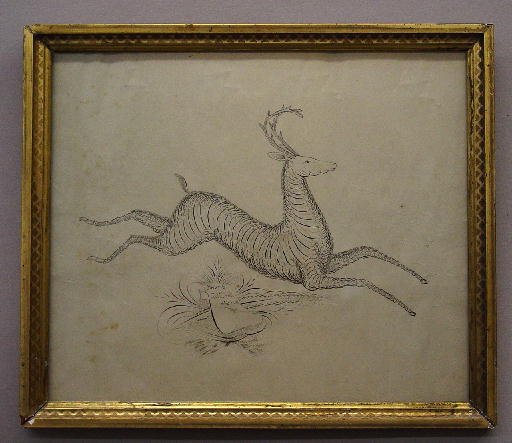 SPENCERIAN DRAWING. Ink on paper drawing: SPENCERIAN DRAWING. Ink on paper drawing of a stag leaping over a quill pen, grains of wheat, and a banner that reads "Drawn by L.M. Duvall, May 24, 1885". Nice form. Paper has some foxing and wrinkle