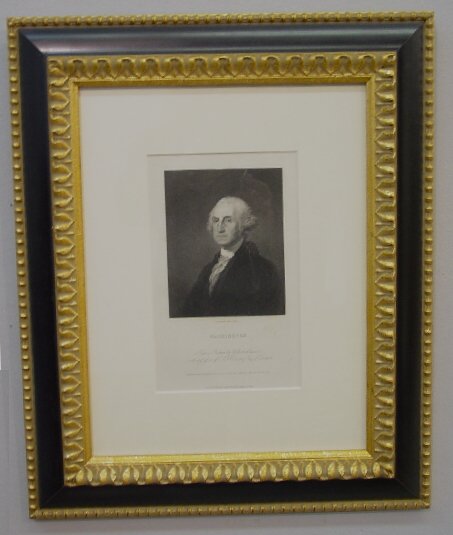 TWO PRINTS OF GEORGE WASHINGTON. One is: TWO PRINTS OF GEORGE WASHINGTON. One is an etching after the portrait by Gilbert Stuart. Published in London by Charles Knight. Matted with modern black and gilt frame. 17 1/2"h. 14 1/4"w. And an illu