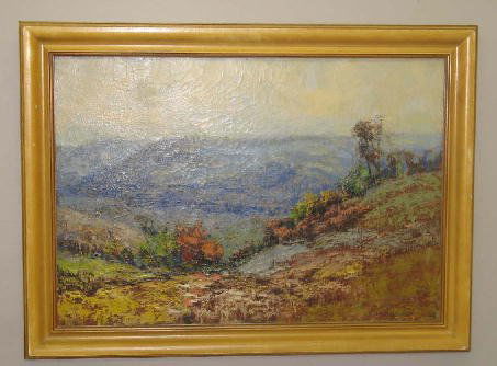 OIL PAINTING SIGNED "DUVALL". Mountainside landsc: OIL PAINTING SIGNED "DUVALL". Mountainside landscape on canvas signed "Ch. Wm. DuVall-1935" (Ohio landscape artist 1864-1966). 20 3/4"h. 29 3/4"w. Modern wood frame. 25"h. 39"w.