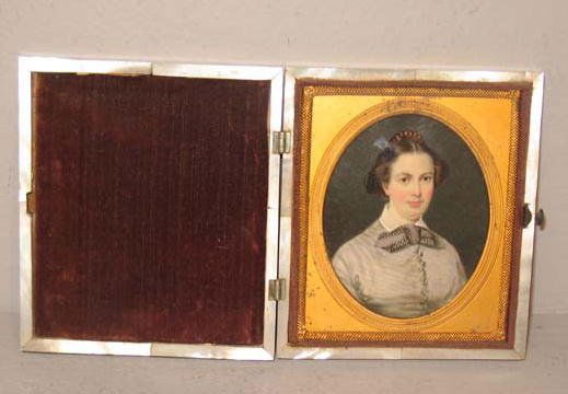 MINIATURE ON IVORY. Lovely portrait of a young wo: MINIATURE ON IVORY. Lovely portrait of a young woman with rosy cheeks. Her hair is held in place by a tortoise shell comb except for one loose strand. Placed in a mother-of-pearl case with velvet lini