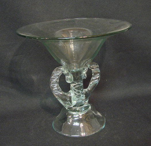 STUDIO GLASS COMPOTE. Signed "Christopher Ries 197: STUDIO GLASS COMPOTE. Signed "Christopher Ries 1976" with a presentation. Pale aqua compote with double handles on the stem. 8 1/4"d. 8"h.