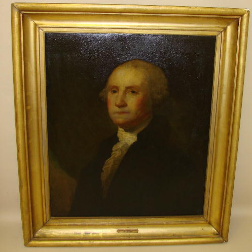 WASHINGTON PORTRAIT ATTRIBUTED TO JANE STUART. Oil: WASHINGTON PORTRAIT ATTRIBUTED TO JANE STUART. Oil on canvas portrait painting of George Washington. A frame plaque attributes it to Jane Stuart (American, 1812-1888, daughter of Gilbert Stuart, best