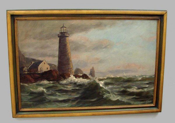 SEASCAPE PAINTING BY "T. BAILEY".: Oil on canvas painting of a lighthouse near shore. Signed "T. Bailey" for William Frederick Paskell (American, 1866-1951). T. Bailey was a fictitious name made up by Englishman Morris Hambro and appli