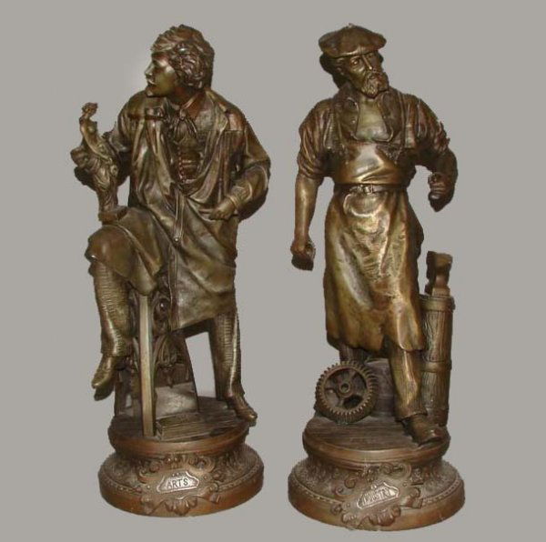 TWO BRONZED SCULPTURES, ARTS AND INDUSTRY.: Spelter with a bronze patina. Arts depicts a sculptor; minor wear. Industry depicts a blacksmith; missing tools in his hands and split behind plaque. Both are 23 1/2"h.