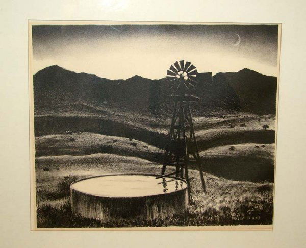 PETER HURD LITHOGRAPH.: Black and white image The Watering Tank signed on the plate "Peter Hurd" (New Mexico 1904-1984). Image size. 8 3/8"h. 9 7/8"w. Modern frame. 15 1/4"h. 19 1/4"w.