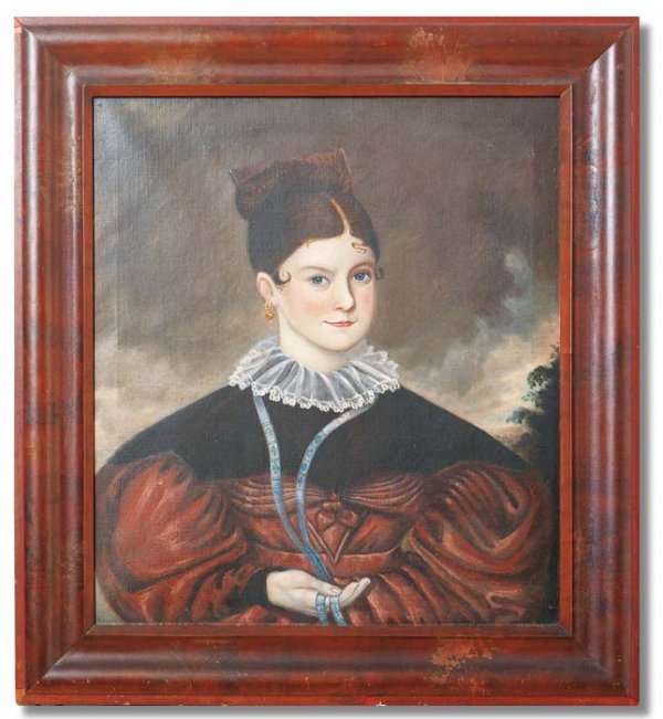 PAINTING OF A WOMAN. American, late 1830's. Oil on: PAINTING OF A WOMAN. American, late 1830's. Oil on canvas portrait of a young woman wearing a tortoise shell hair comb and gold earrings. She also wears a beaded chain around her neck. Some revarnishi