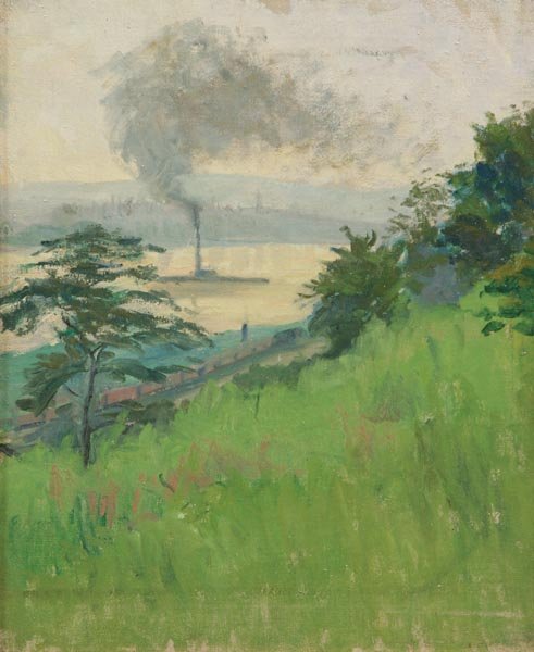 OHIO RIVER LANDSCAPE WITH STEAMBOAT. - 3