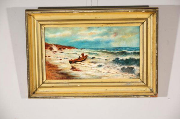 BEACH SCENE SIGNED T.HARDY".": BEACH SCENE SIGNED "T.HARDY". Turn of the 20th Century. Three men in a boat caught in the surf. Signed "T. Hardy s.k.a.s.l." Relined with touch up and small repair. 12"h. 21"w. Gilt frame. 20"h. 28 3/