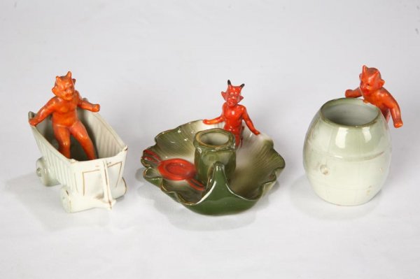 FIVE PIECES RED DEVIL PORCELAIN. Candleholder, ba - 3
