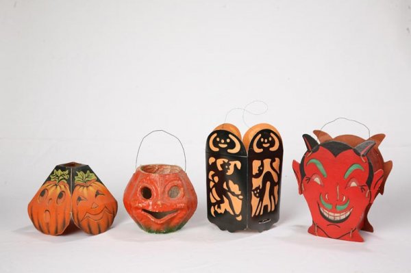 FOUR HALLOWEEN LANTERNS. Cardboard devil with pap