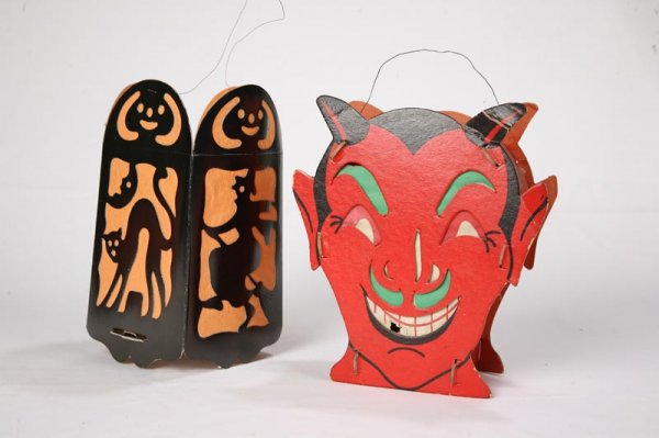 FOUR HALLOWEEN LANTERNS. Cardboard devil with pap - 2