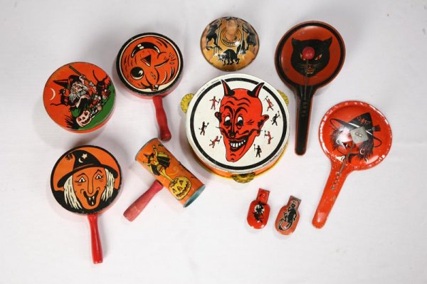 TEN HALLOWEEN NOISE MAKERS. All are tin lithograp