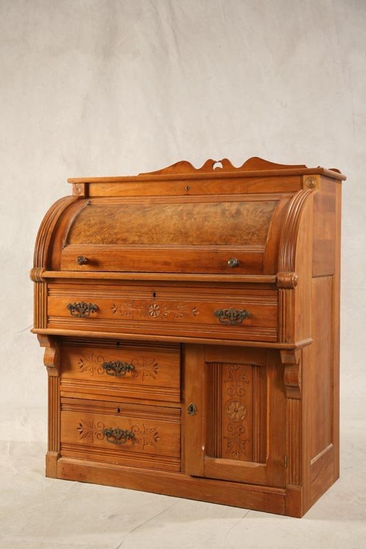 SMALL VICTORIAN CYLINDER DESK. Walnut. Fitted int