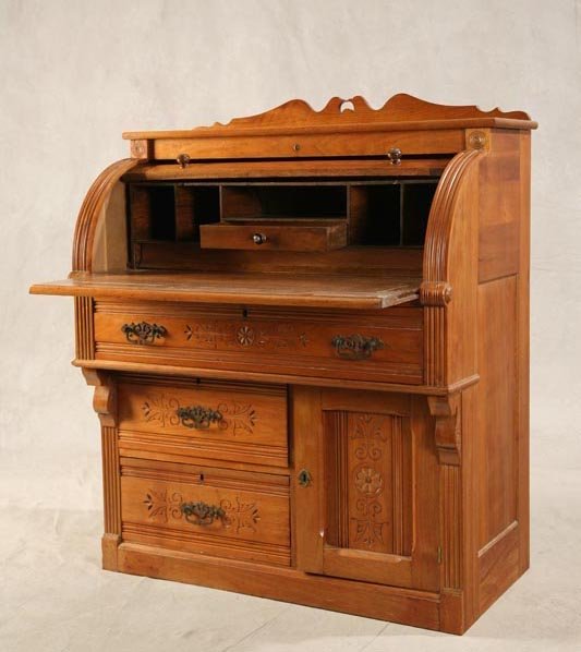 SMALL VICTORIAN CYLINDER DESK. Walnut. Fitted int - 2