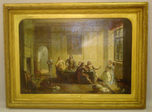 OIL ON CANVAS PAINTING BY "CHARLES STUART". Interior: OIL ON CANVAS PAINTING BY "CHARLES STUART". Interior scene of a manor house with people gathered at a table drinking to a young lady seated at one end near a set of windows. Titled "A Toast To Beauty"