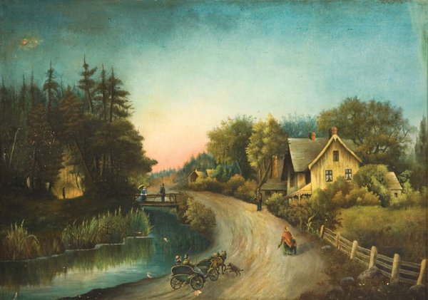 VILLAGE LANDSCAPE WITH FIGURES(AMERICAN, LATE 19TH