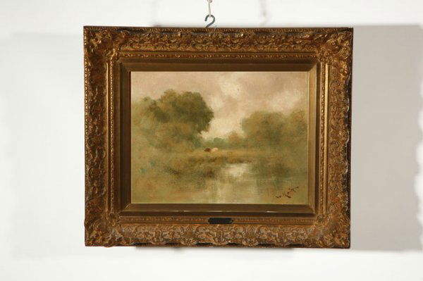 GRAY DAY BY WILLIAM KEITH (CALIFORNIA, 1838-1911).: GRAY DAY BY WILLIAM KEITH (CALIFORNIA, 1838-1911). Oil on board, signed lower right. 12"h. 15 3/4"w., in a gilt and gesso frame, 19"h. 22 3/4"w.