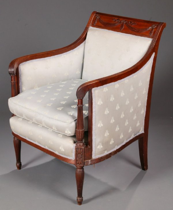 REGENCY-STYLE UPHOLSTERED ARMCHAIR.