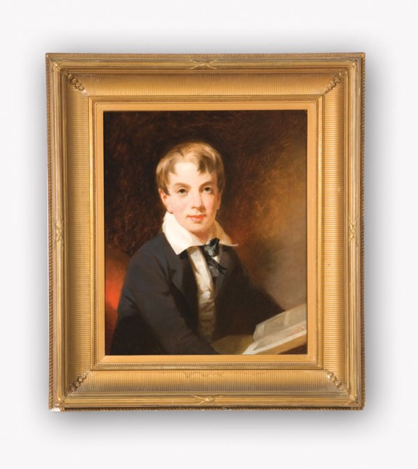 PORTRAIT OF A BOY ATTRIBUTED TO THOMAS SULLY (PENN: PORTRAIT OF A BOY ATTRIBUTED TO THOMAS SULLY (PENNSYLVANIA, 1783-1872). Oil on canvas, unsigned. A fine half-length portrait of a young lad holding a book. An old partial label on verso includes "Olyp