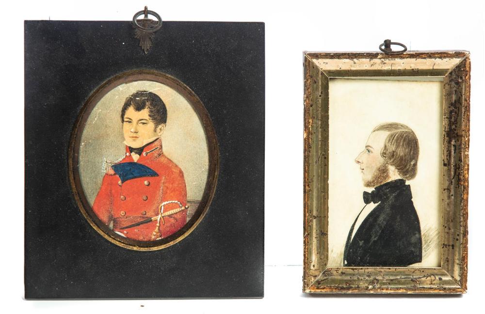 TWO MINIATURE PORTRAITS.: TWO MINIATURE PORTRAITS. American and English, 19th century. Young officer in red uniform. Scratches. Papier mache frame, 5.75"h. 5"w. And profile of a bearded man. 5"h. 3.25"w.