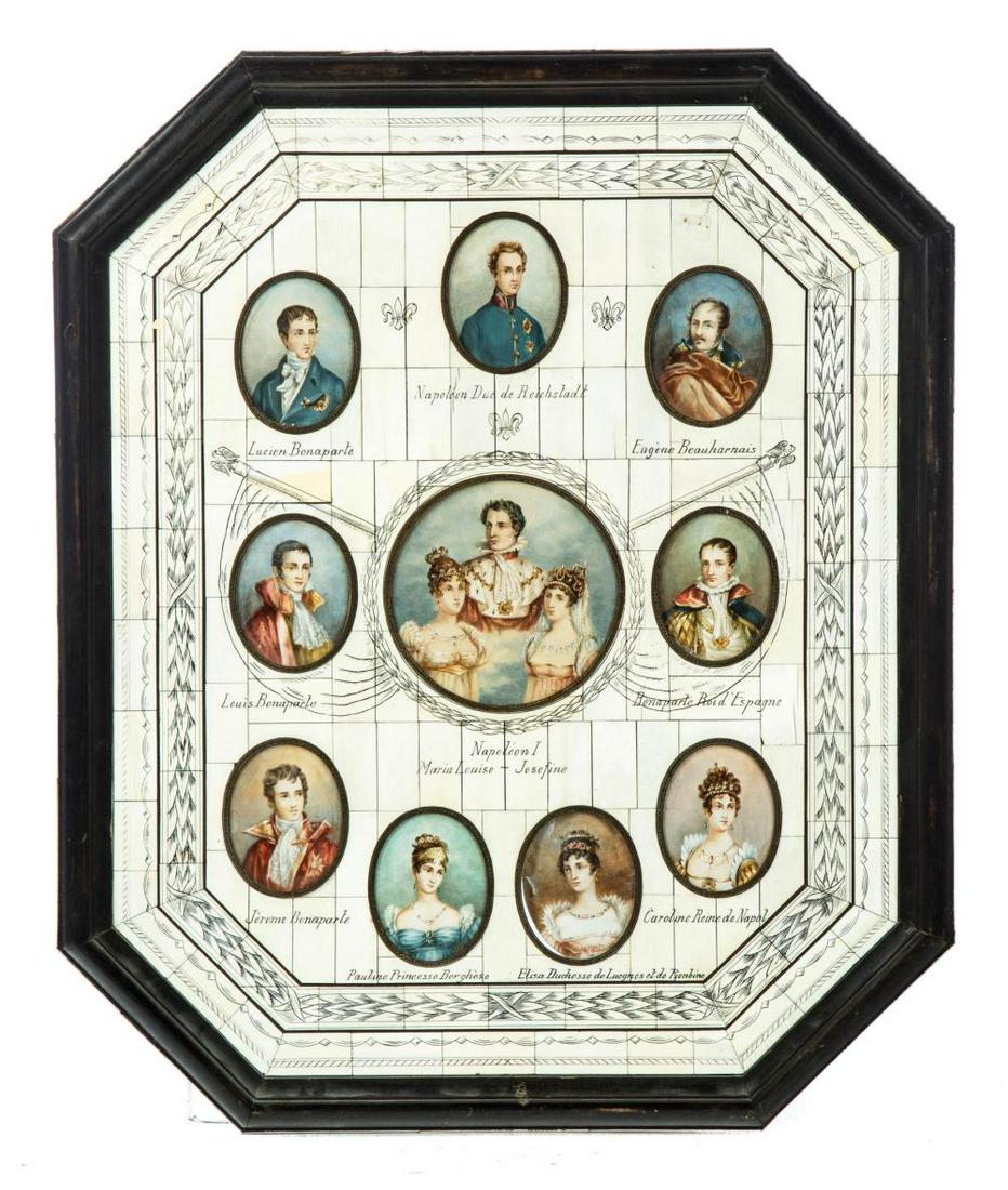 FRAME OF TEN MINIATURE PAINTINGS OF THE BONAPARTE: FRAME OF TEN MINIATURE PAINTINGS OF THE BONAPARTE FAMILY. France, ca. 1900. Center round medallion of Napoleon I, Maria Louise-Josephine, and from top clockwise, Napoleon Duc de Reichstadt, Eugene Bea