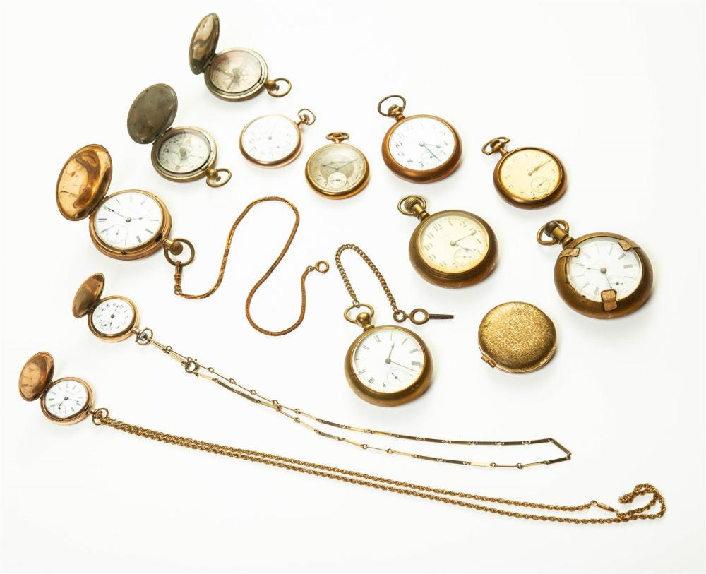 GROUP OF TEN ANTIQUE POCKET WATCHES, TWO COMPASSES, AND: GROUP OF TEN ANTIQUE POCKET WATCHES, TWO COMPASSES, AND A COMPACT. Late 19th-early 20th century. Group of ten pocket watches including Elgin, Crown, Illinois, Hampden, Hamilton, and Waltham. Hunting c