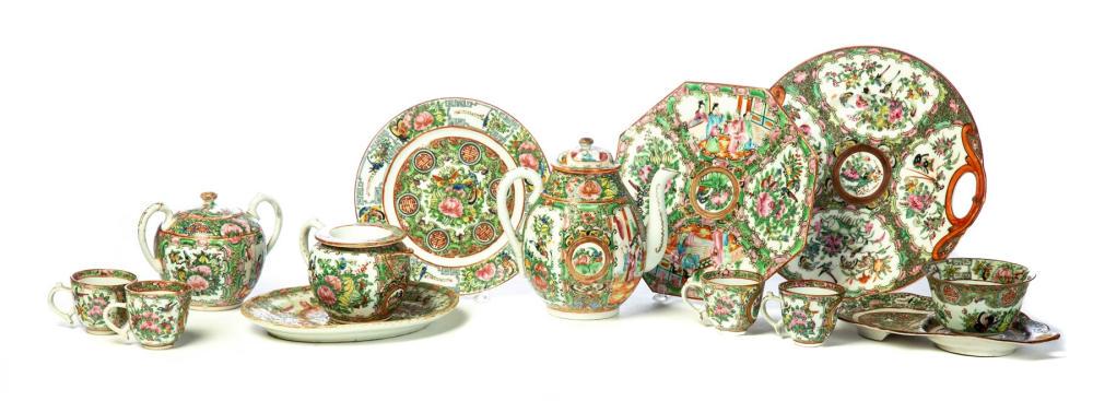 GROUP OF CHINESE ROSE MEDALLION.: GROUP OF CHINESE ROSE MEDALLION. Late 19th-early 20th century. Thirteen pieces including three-piece tea set, cups and saucers, and plates. Several stamped "China". Flakes. Teapot, 6.25"h.