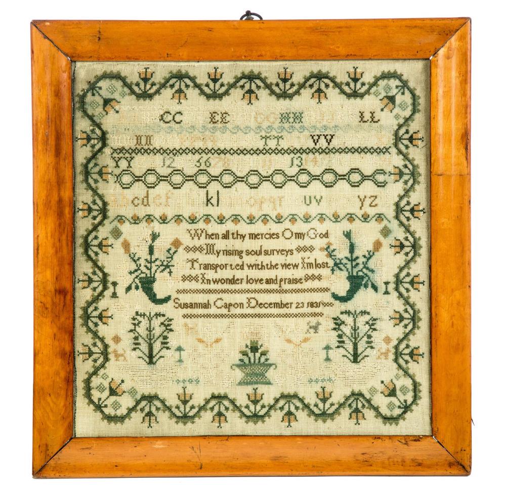 FRAMED SAMPLER WITH RELIGIOUS VERSE,: FRAMED SAMPLER WITH RELIGIOUS VERSE, England, 2nd quarter-19th century. Linen with silk thread, vining floral border, alphabet, numerals, baskets of flowers, and "Susannah Capon December23, 1831." 16"