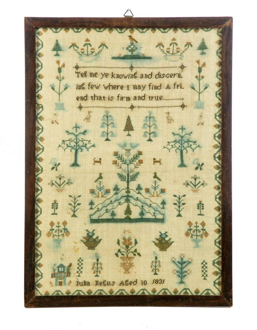 FRAMED SAMPLE IN PETIT POINT.: FRAMED SAMPLE IN PETIT POINT. England, 2nd quarter-19th century. Linen with silk thread, vining floral border, trees, dogs, birds, urns, and baskets of flowers, birdhouse, etc. "Tell Me Ye Knowing And