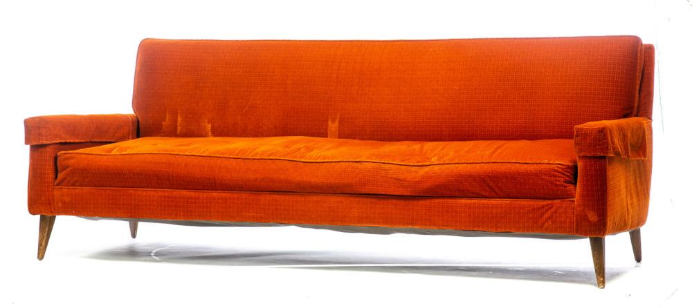 PAUL MCCOBB MID CENTURY SOFA.: PAUL MCCOBB MID CENTURY SOFA. American, mid 20th century. Wooden feet, orange upholstery. 31"h. 79"w.